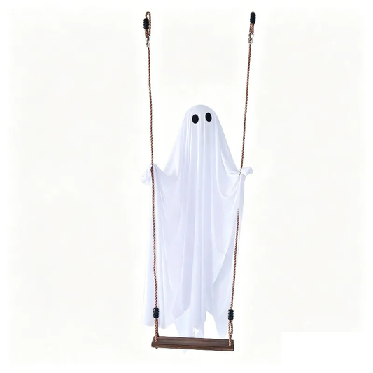 White Halloween ghost on its wooden swing