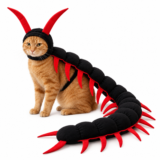 Ginger cat wearing the Halloween centipede costume, Red trim