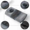 Grey heated knee wrap laid flat, fabric and controller details