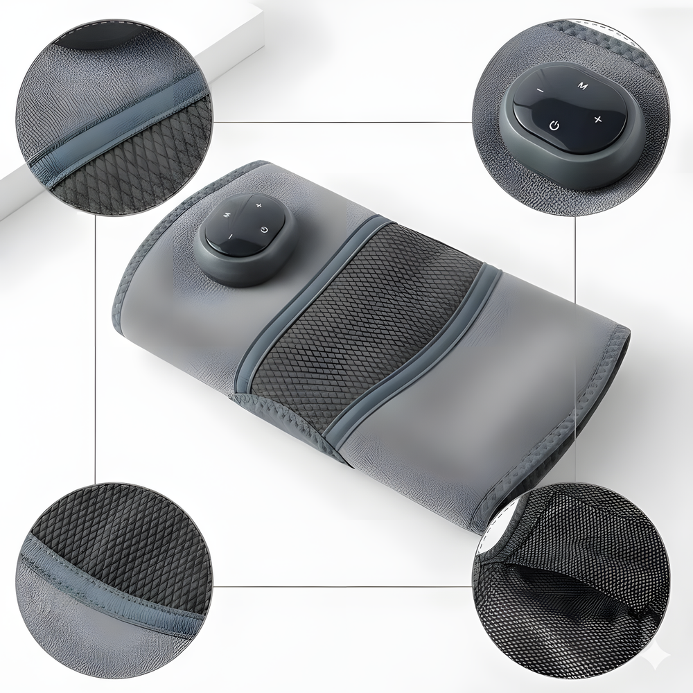Grey heated knee wrap laid flat, fabric and controller details
