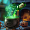 Black Halloween cauldron with a potion bottle pouring green mist