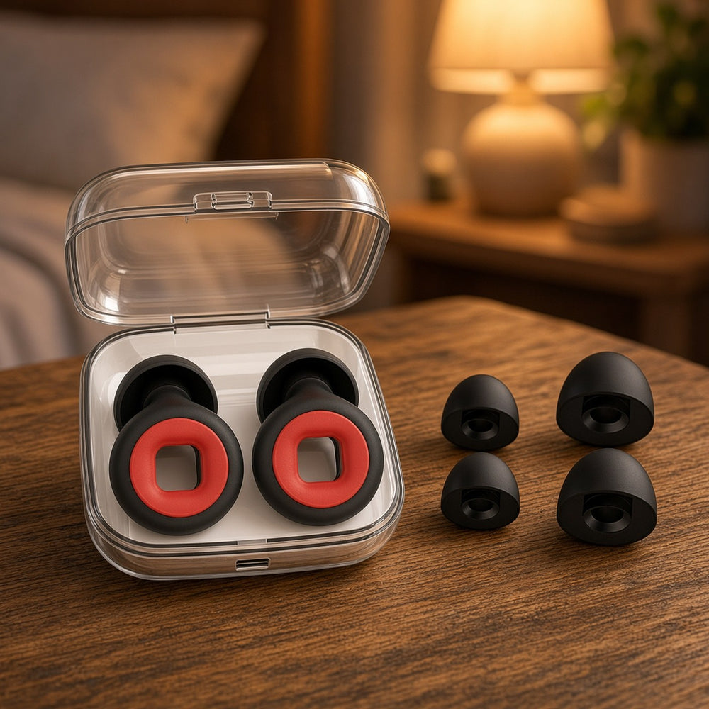 Open case with red and black earplugs and spare tips on a bedside table