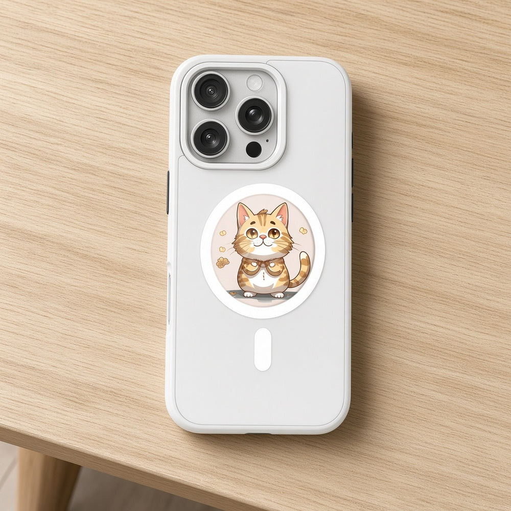White NFC phone case with a round e-ink display showing a cartoon cat, lying on a light wooden desk