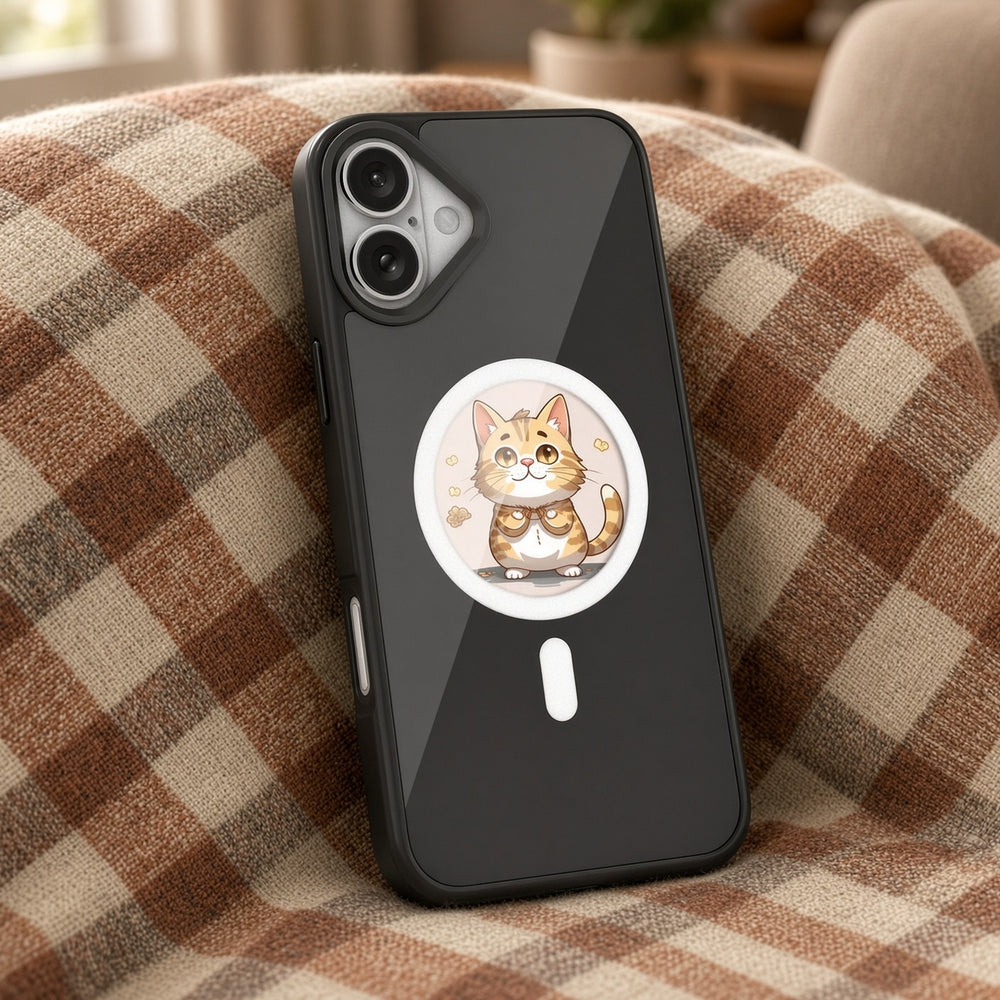 Black NFC phone case with a round e-ink display showing a cartoon cat, resting on a checked throw on a sofa