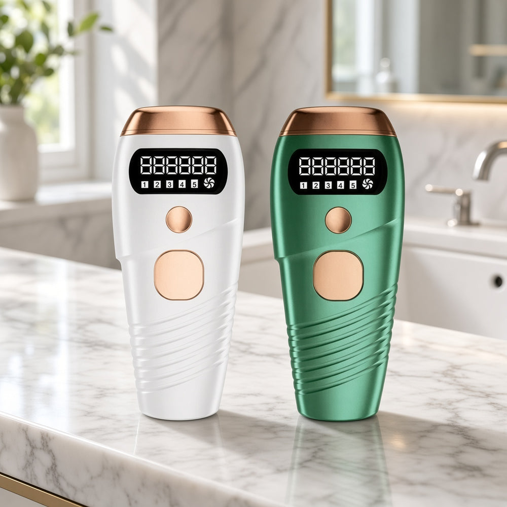 White and green IPL hair removal devices on a marble vanity top