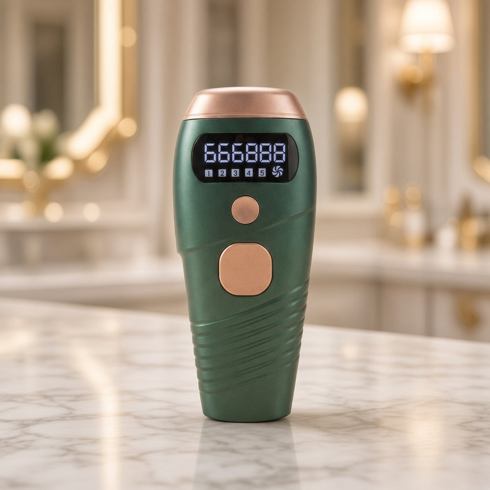 Green IPL hair removal device in an elegant bathroom