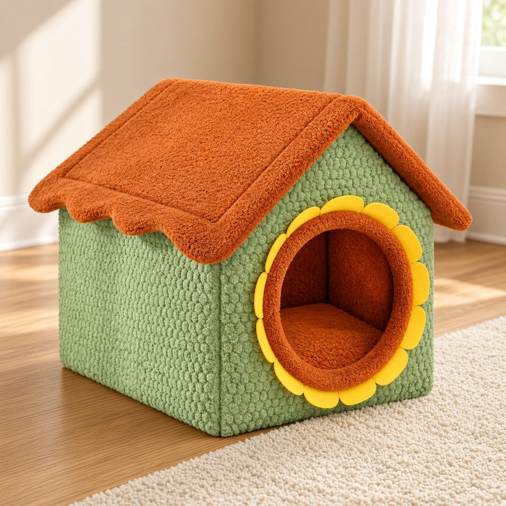 Green felt cat house with an orange roof on a light rug near a window with white curtains