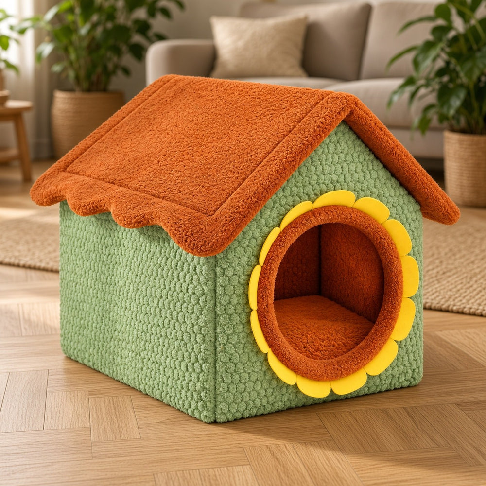 Green felt cat house with an orange roof and a flower-shaped entrance on the wooden floor of a living room