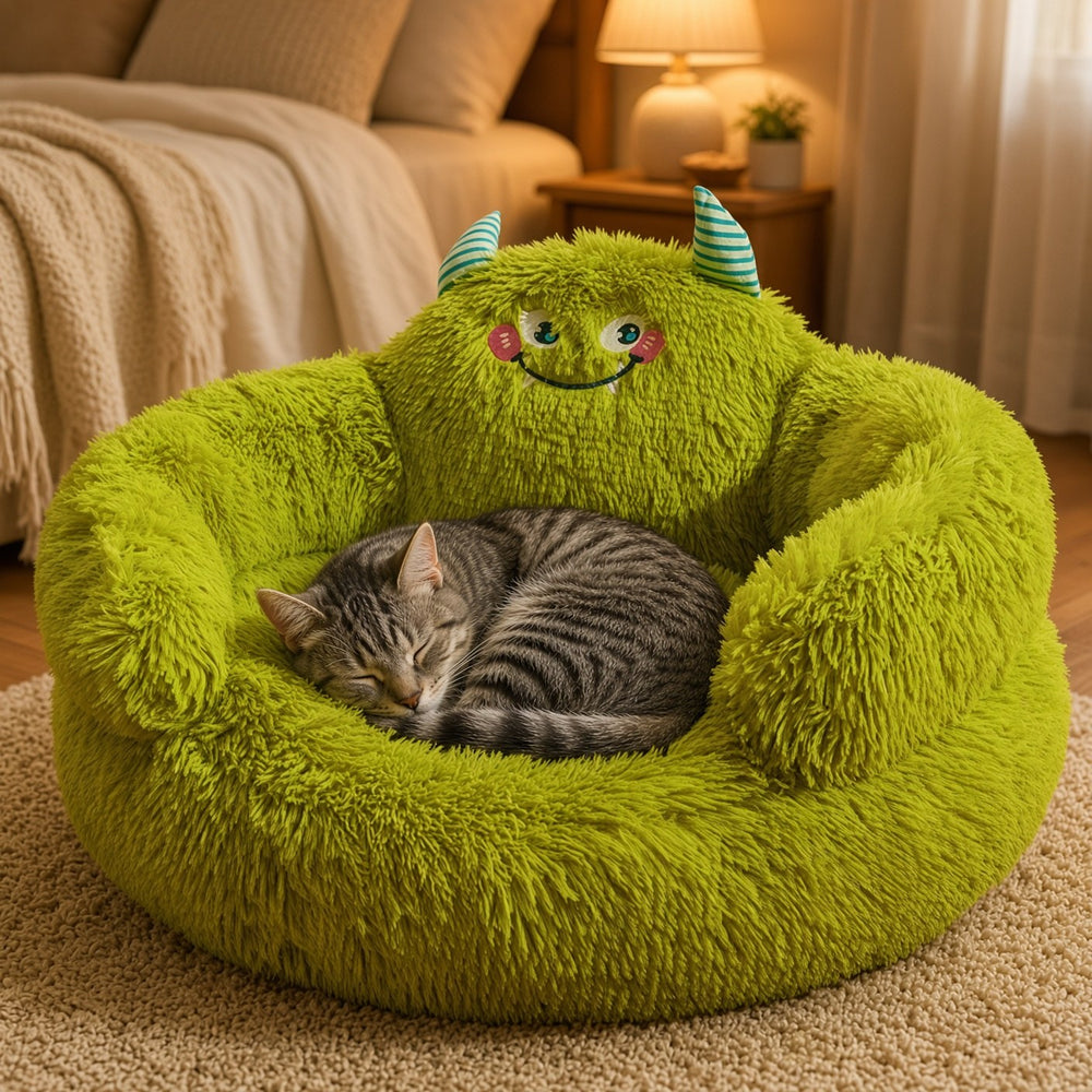 Tabby cat asleep in a green round plush pet bed in a cosy bedroom