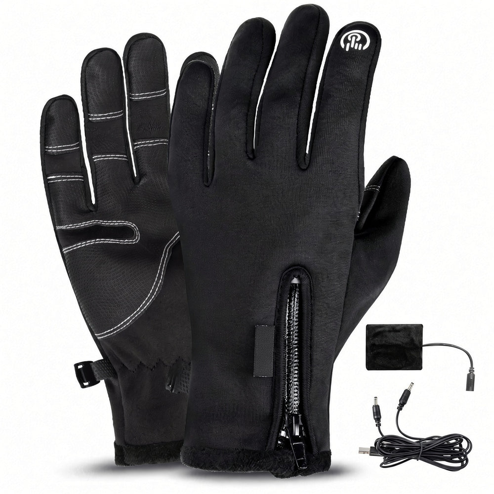 Pair of black heated touchscreen gloves, box and USB cable