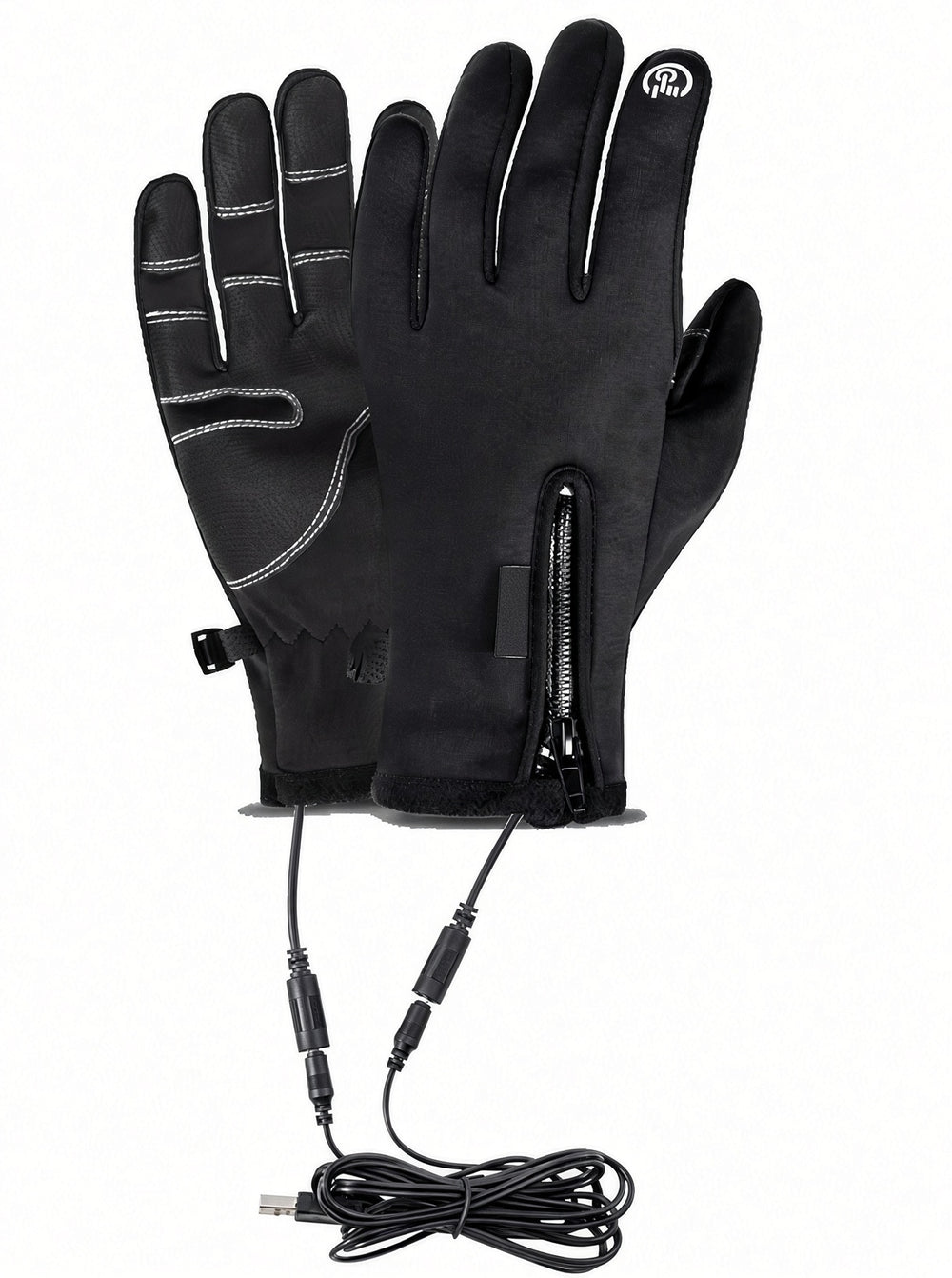 Pair of black heated touchscreen gloves with their USB cable