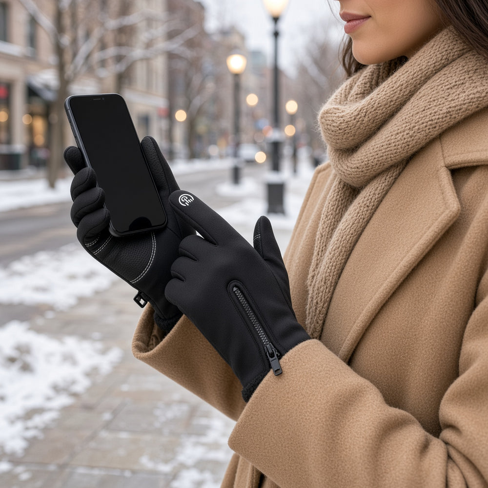 Heated touchscreen gloves worn in town in winter, phone in hand