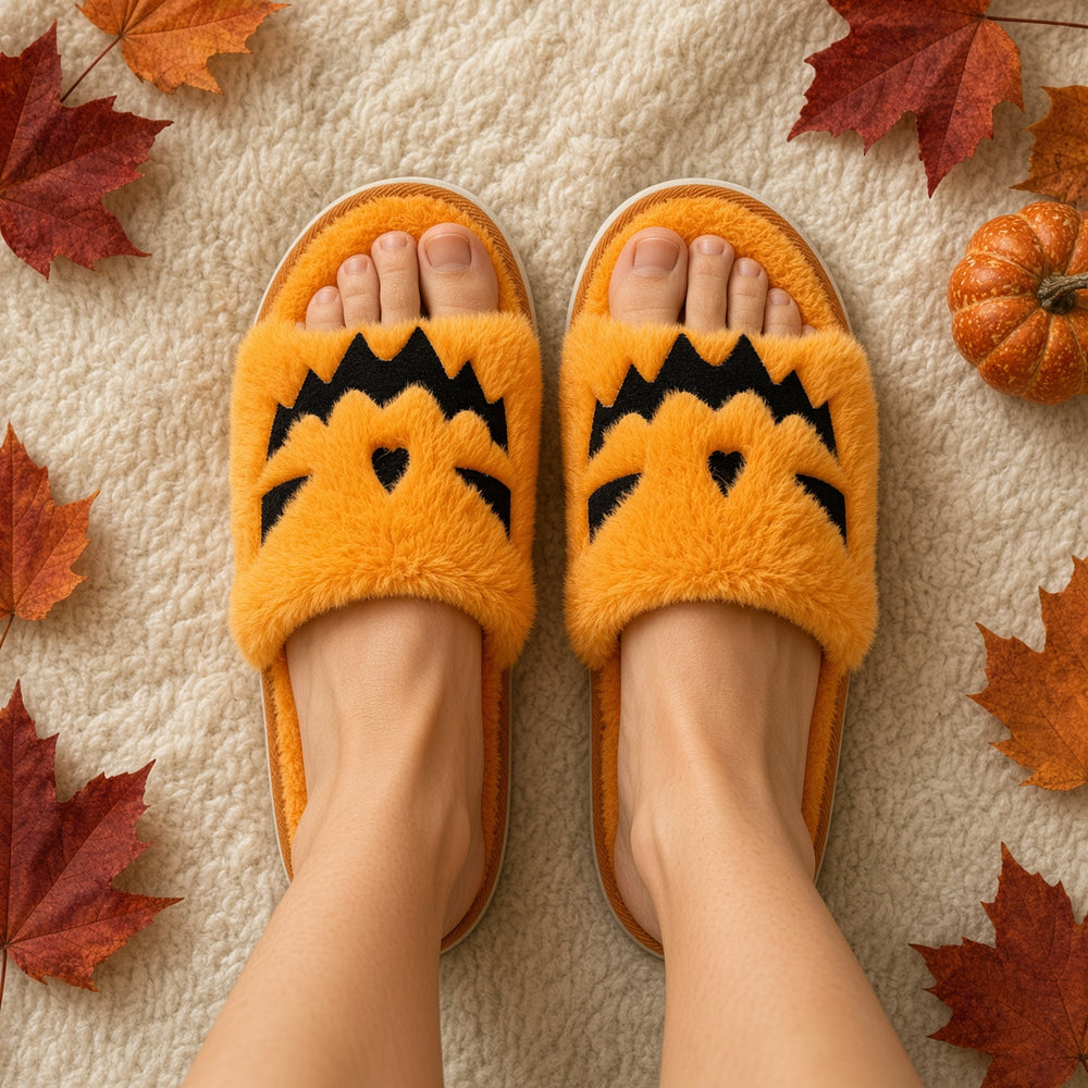 Pumpkin Orange plush Halloween slippers worn on an autumn throw