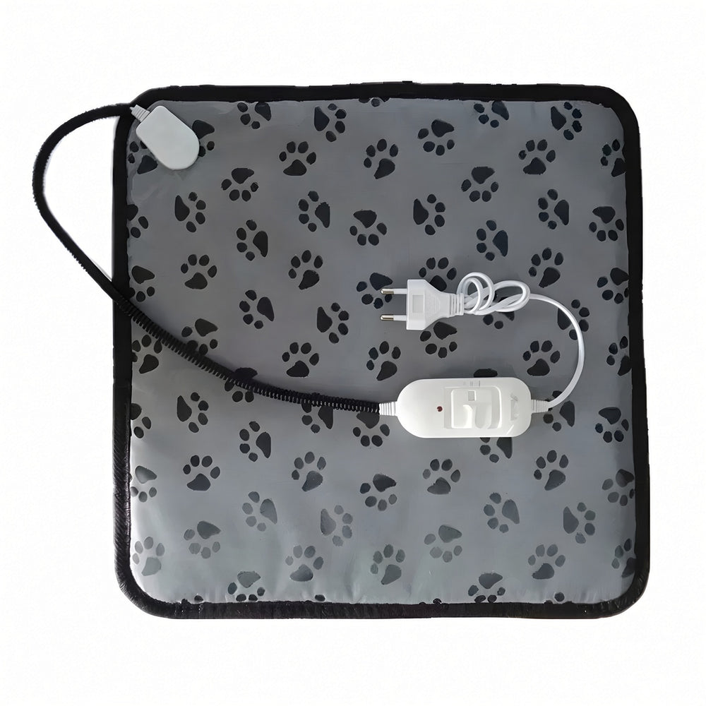 Grey paw print heated pet mat with control box and EU plug