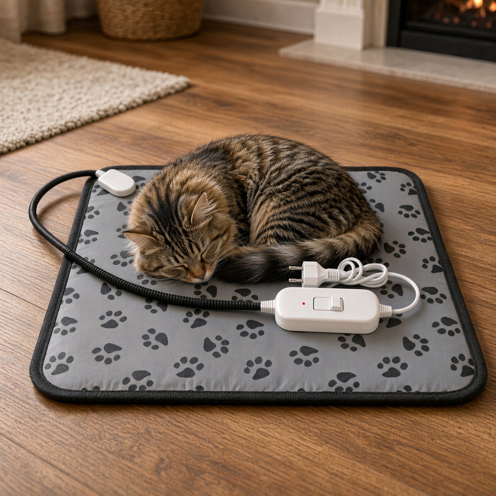 Cat asleep on the grey paw print heated pet mat, EU plug