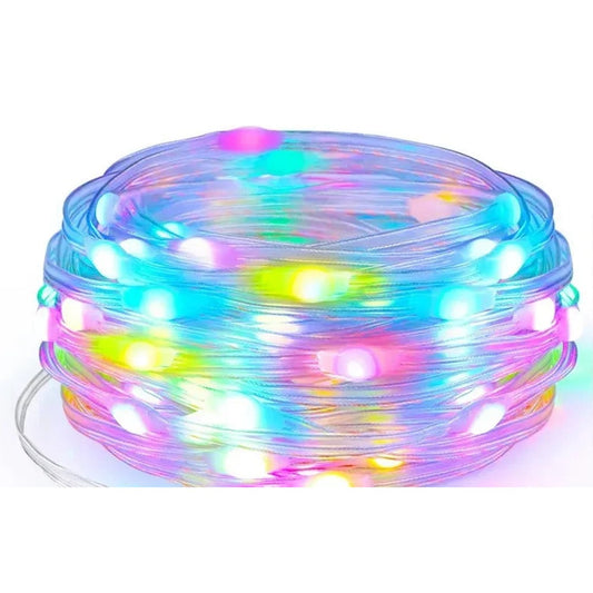 Coiled RGBIC Bluetooth string lights with multicoloured LEDs lit