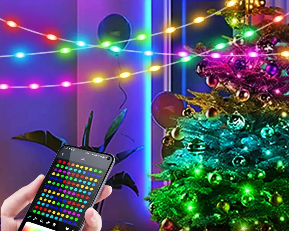 RGBIC string lights on a Christmas tree, set from the app on a phone