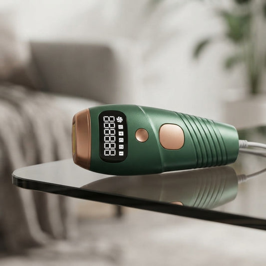 Green IPL laser hair removal device on a glass table